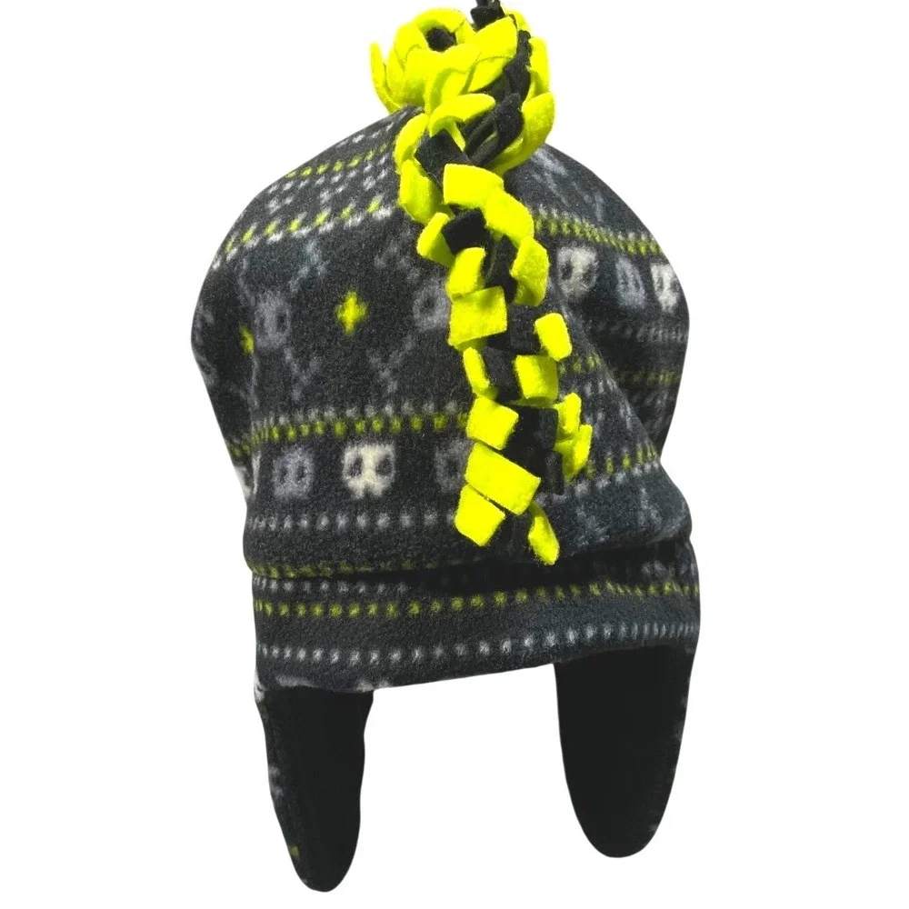 Kids 4-7 Years Fun Skull Pattern Fleece Trapper Gaming Hat with Mohawk‎ & Braid